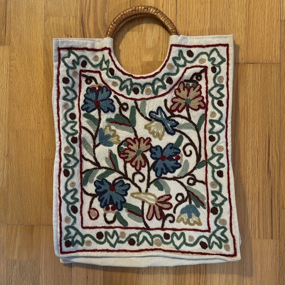 Vintage Kashmiri Woolen Crewel Hand Embroidered Floral Shopping Bag Tote